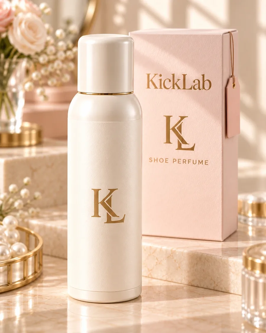 בקבוק KICKLAB White Magnolia בגוון שמנת לצד אריזת KL הוורודה על שיש בהיר