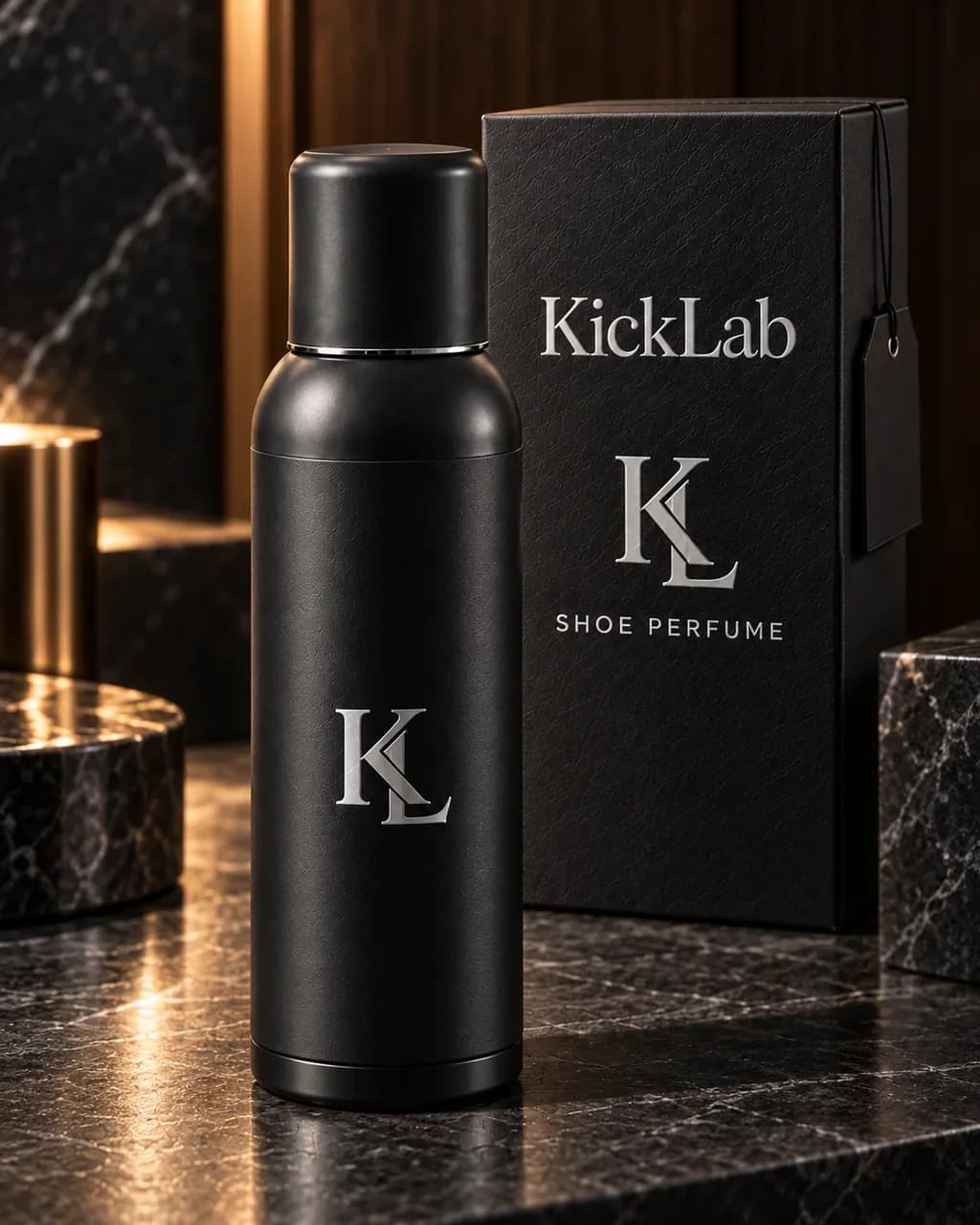 בקבוק KICKLAB Mint שחור־מט לצד אריזת KL השחורה על שיש כהה